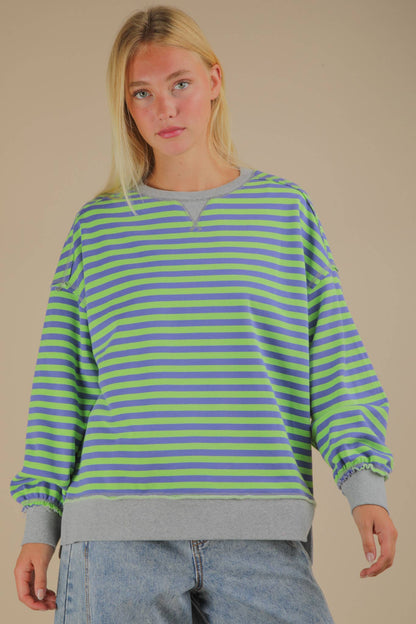 Stripe Comfy Casual Oversized Knit Top: GREEN/BLUE