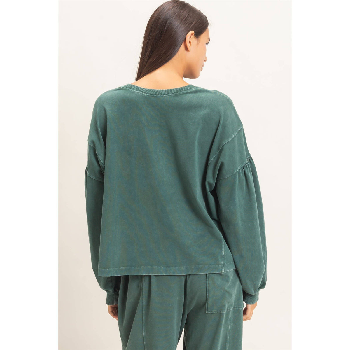 Mineral Wash Puff Long Sleeve Boxy Top: DARK GREEN