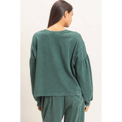 Mineral Wash Puff Long Sleeve Boxy Top: DARK GREEN