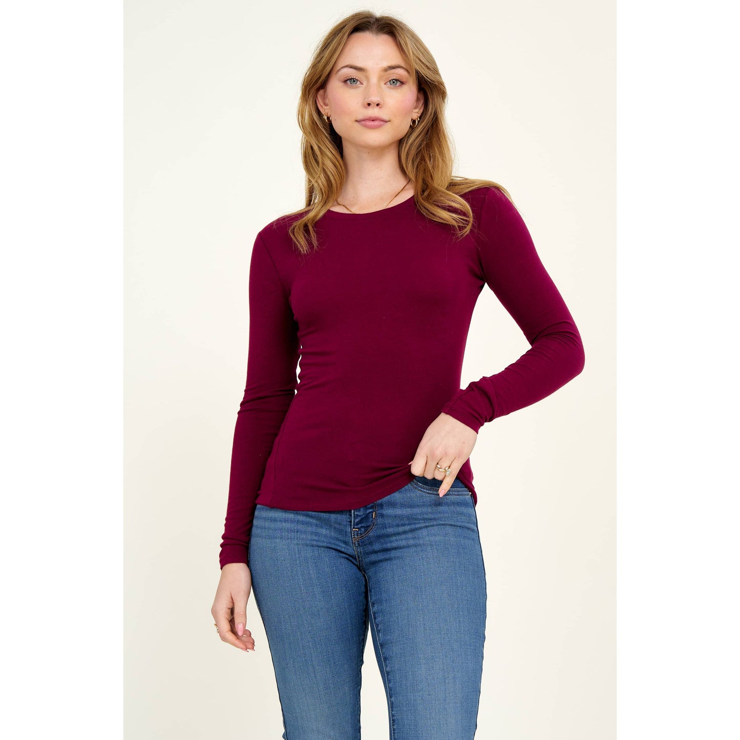 Popular 21 - Crew Neck Long Sleeve Cotton Span Knit Tee: Charcoal / S-M-L(2-2-2)