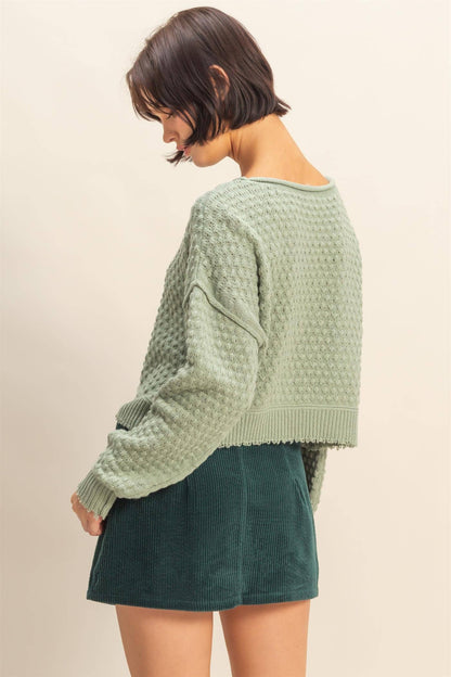 Textured Round Neck Long Sleeve Sweater: SAGE GREEN