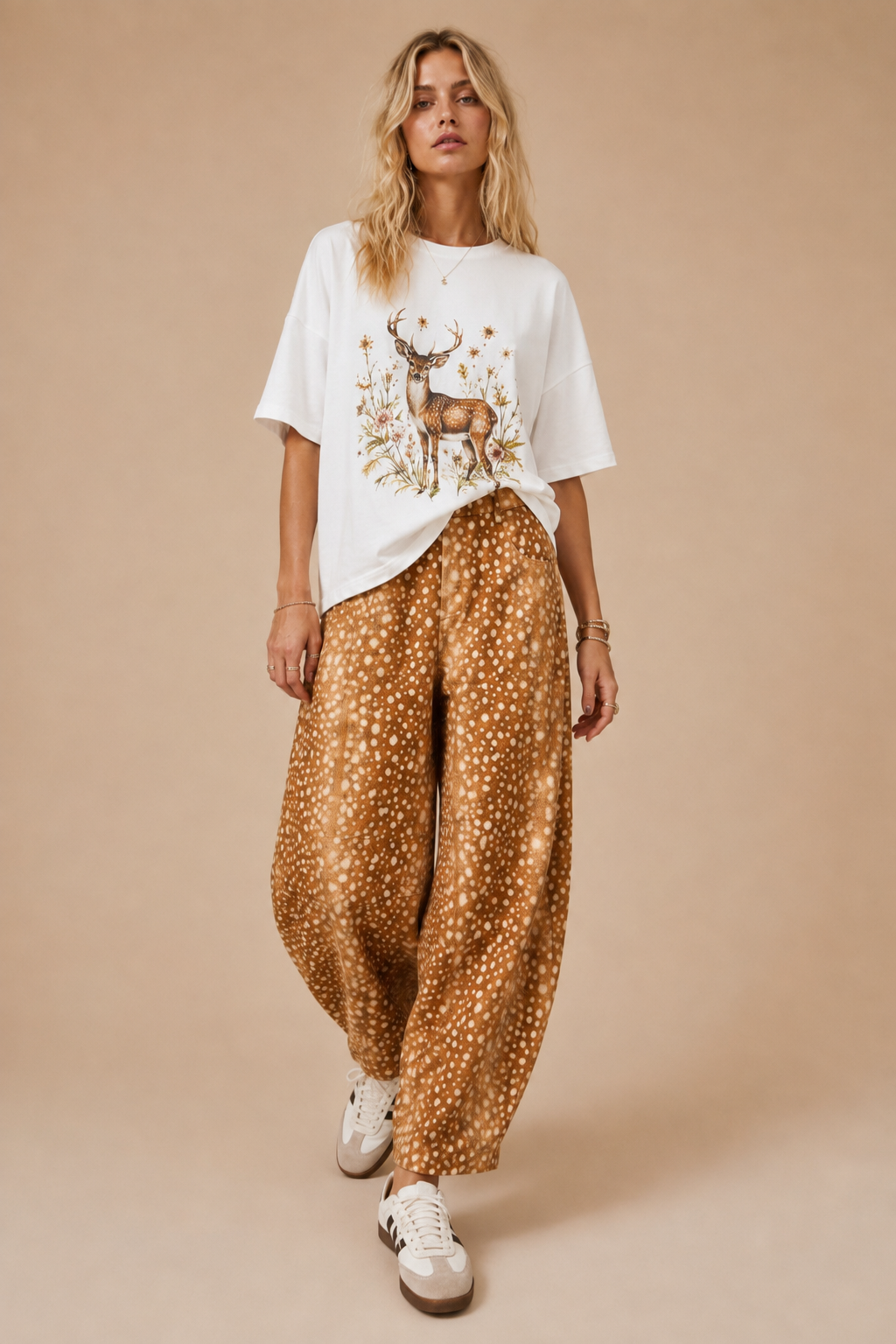 High-Waisted Fawn / Deer Print Barrel-Leg Pants