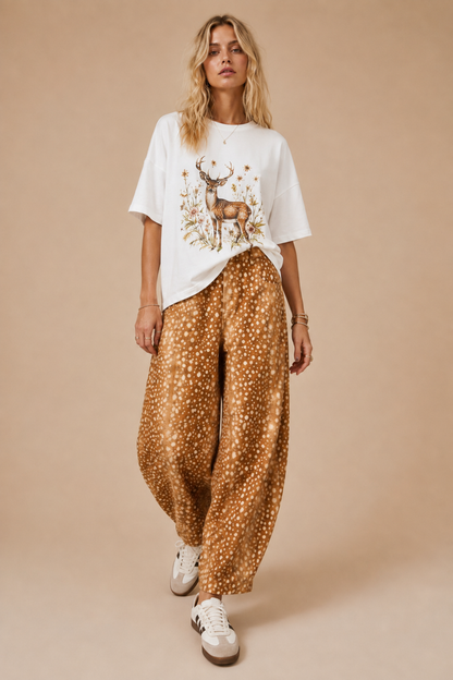 High-Waisted Fawn / Deer Print Barrel-Leg Pants