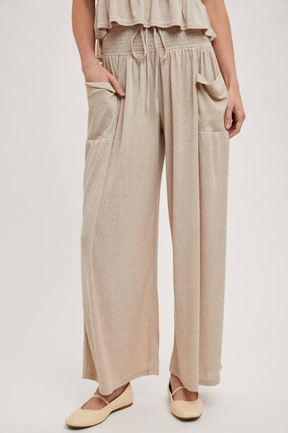 RELAXED KNIT SMOCKED TOP AND WIDE PANTS