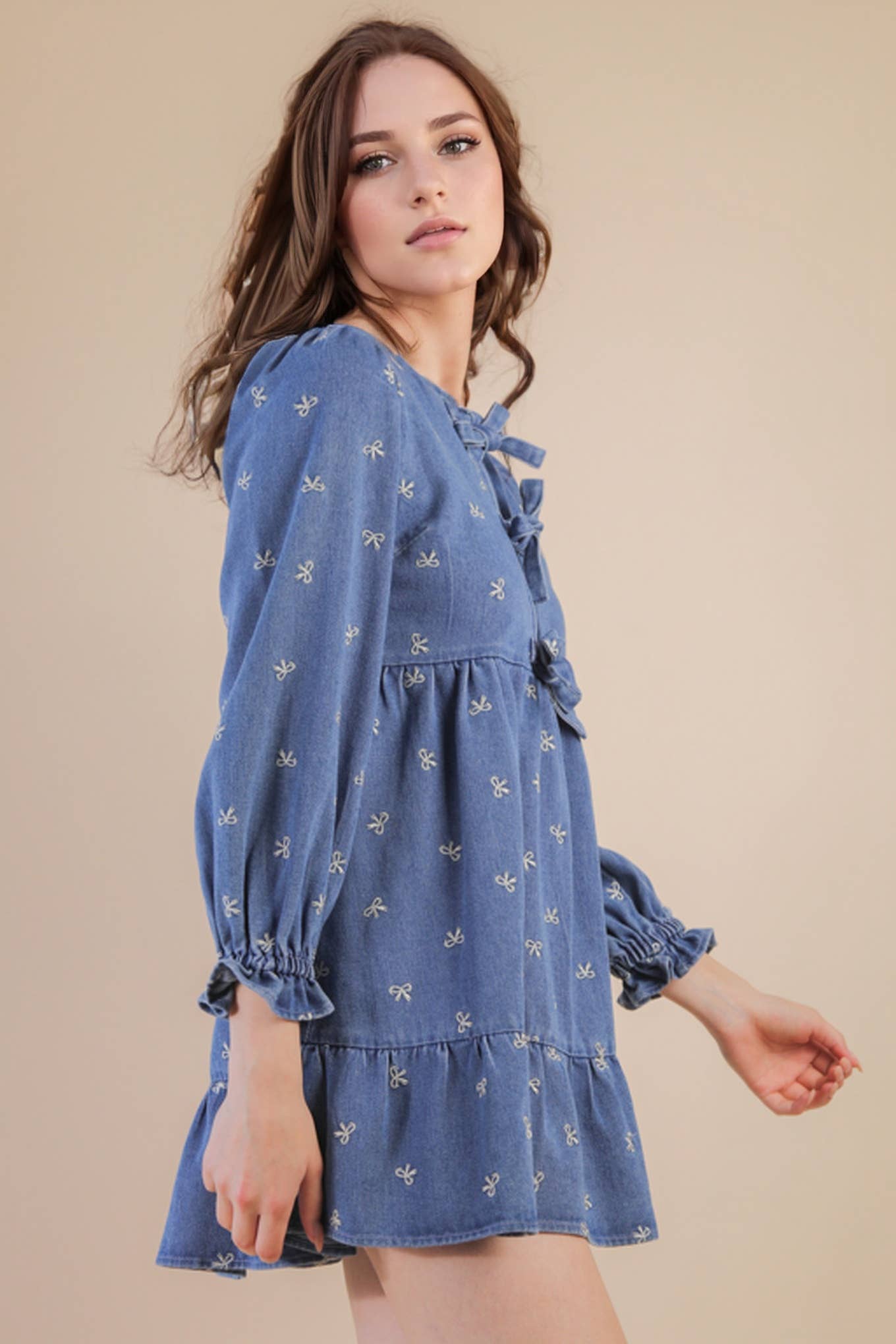 Soft Washed Denim Printed Casual Mini Dress