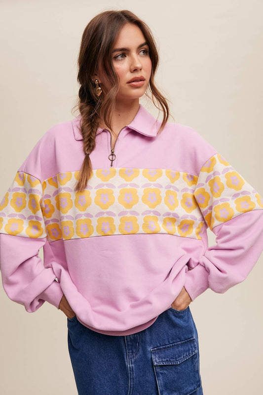 Retro Flower Panel Half-Zip Pullover