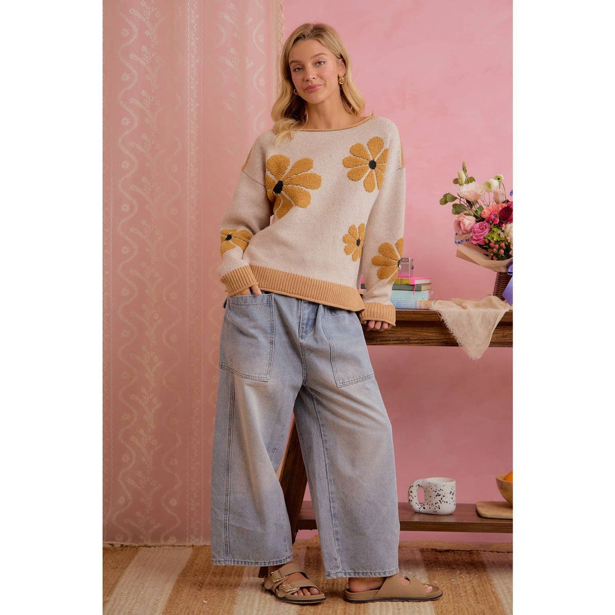 LATTE DAISY FLORAL RIBBED SWEATER