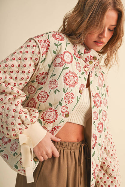 QUILTED MIXED FLORAL PRINT JACKET WITH RIBBON DETAIL