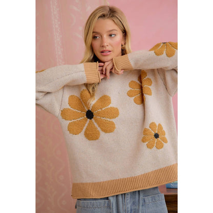 LATTE DAISY FLORAL RIBBED SWEATER