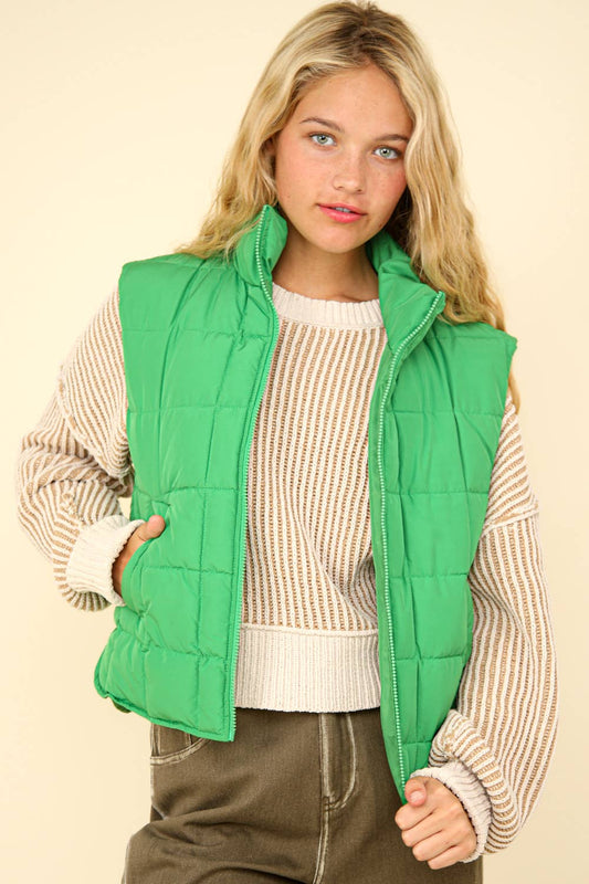 Solid Puffer Padded Warm Vest: KELLY GREEN