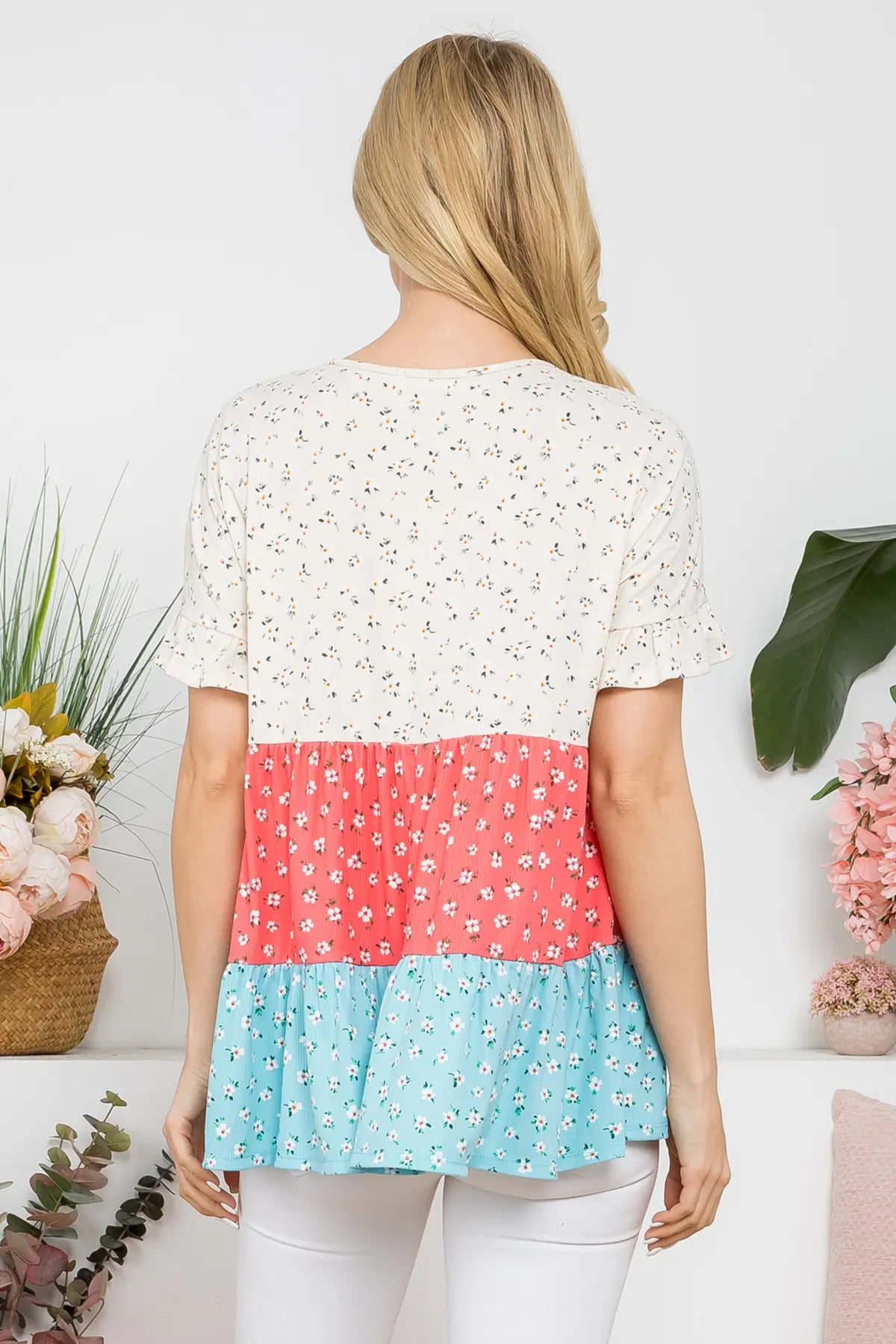 Tiered Floral Color Block Swing Top