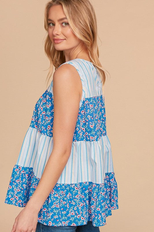 SLEEVELESS STRIPE FLORAL COLOR BLOCK TIERED WOVEN TOP