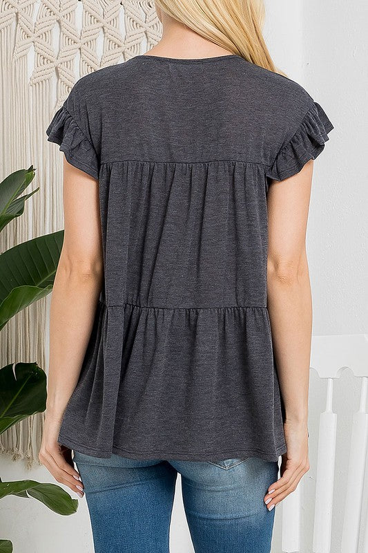 TIERED RUFFLE SOLID SWING TOP-CHARCOAL