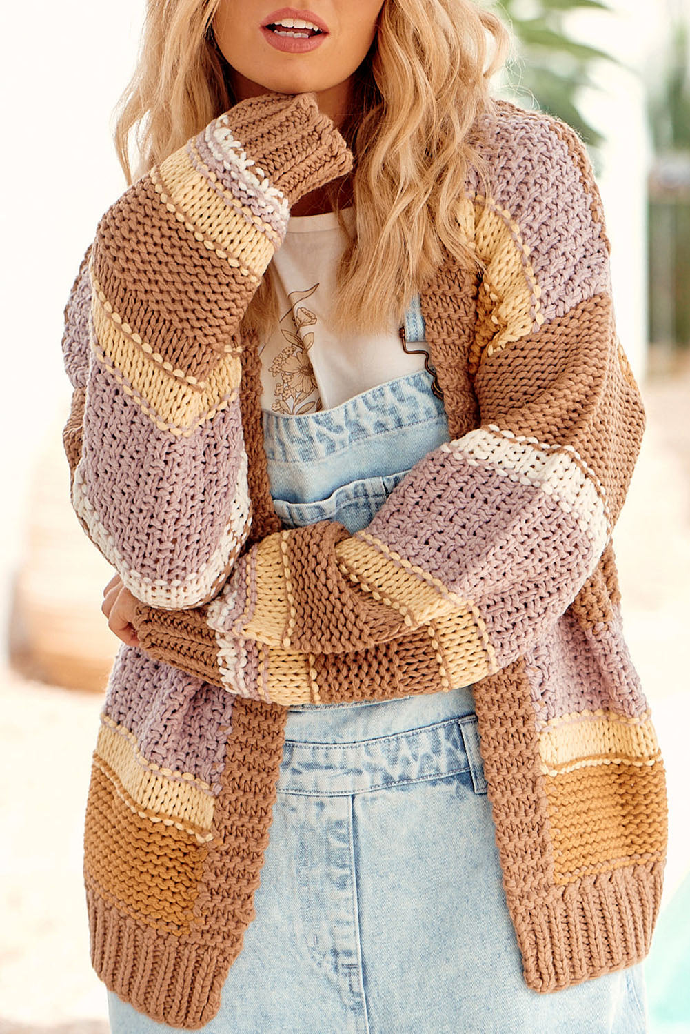 Brown Color Block Knit Drop Shoulder Open Front Sweater
