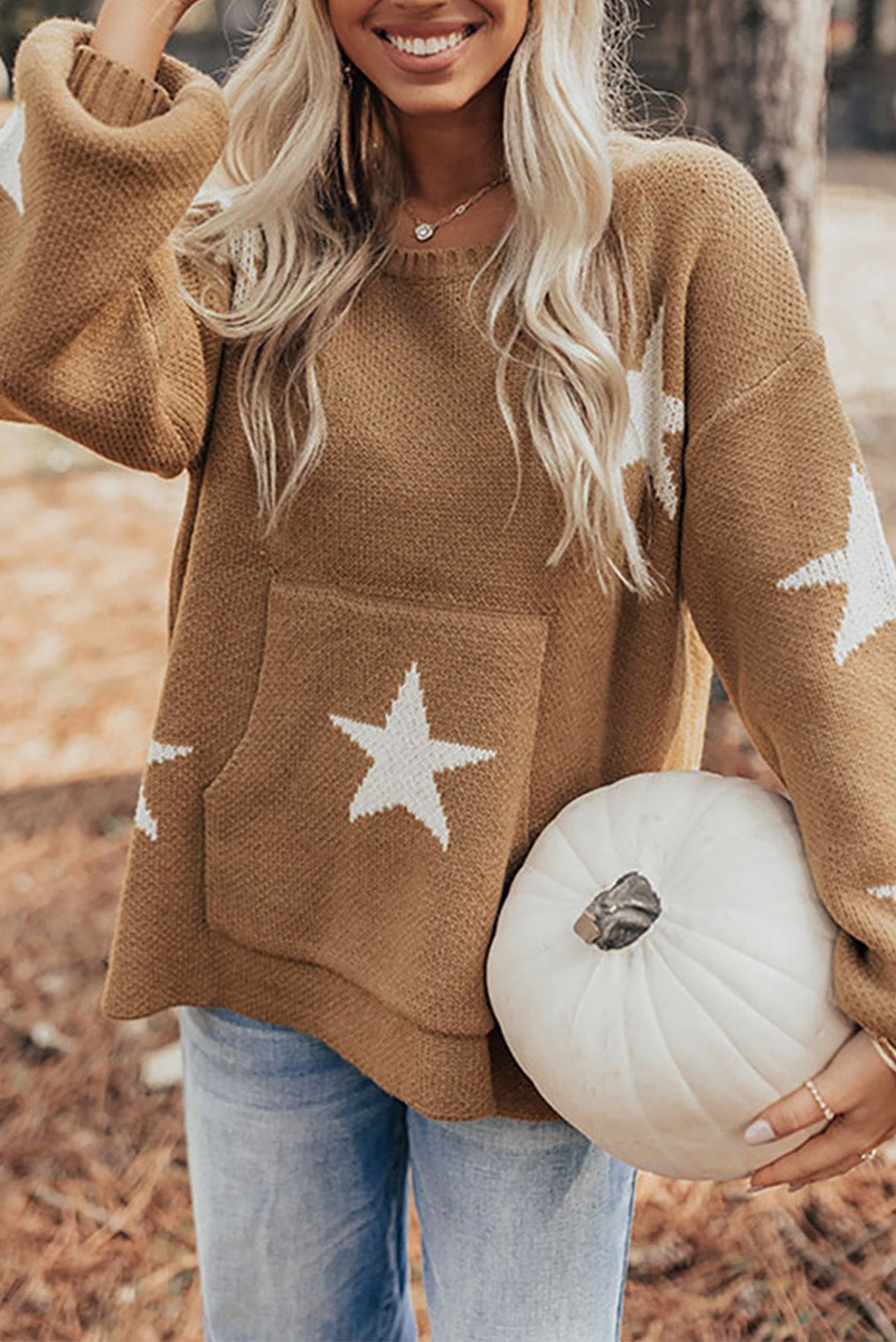 Brown Stars Kangaroo Pocket Pullover Sweater