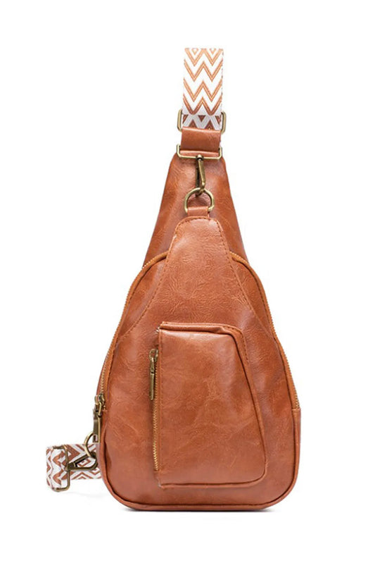Brown Colored Jacquard Strap Vintage PU Bag