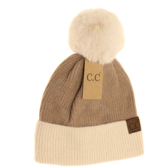 Colorblock Solid Faux Fur Pom Beanie HAT