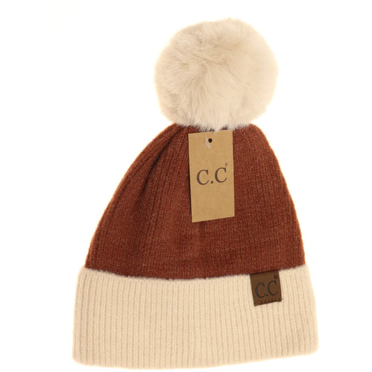 Colorblock Solid Faux Fur Pom Beanie HAT