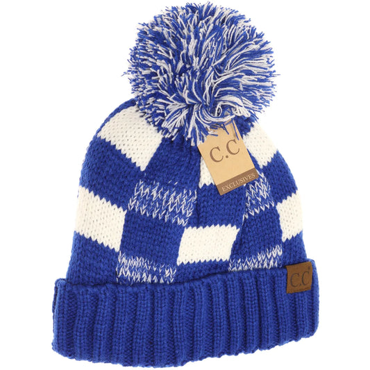 Fuzzy Lined NEW Buffalo Check Print CC Pom Beanie