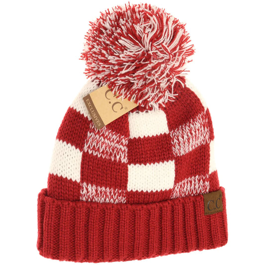 Fuzzy Lined NEW Buffalo Check Print CC Pom Beanie