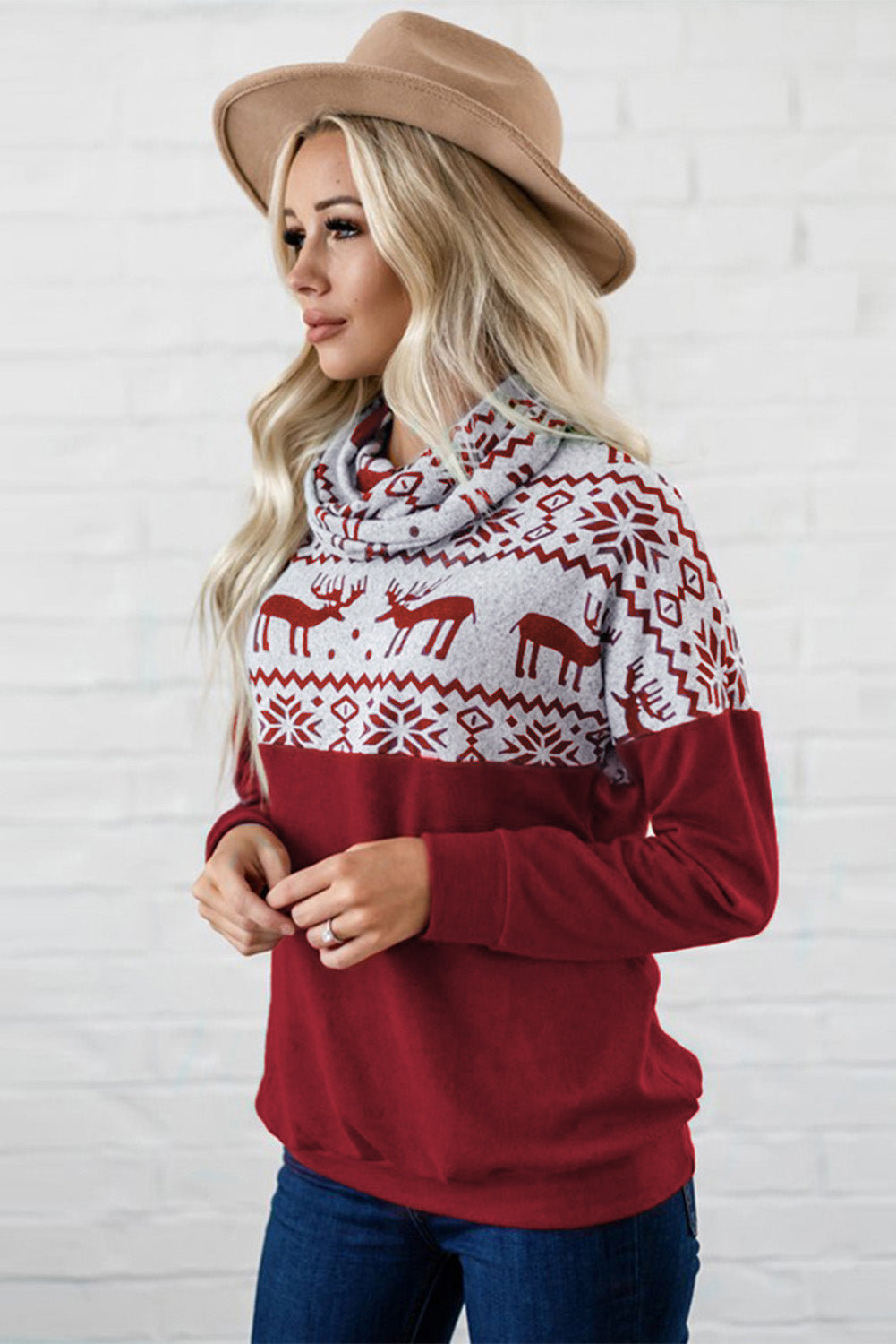 Christmas Elk Snowflake Color Block Cowl Neck Sweatshirt