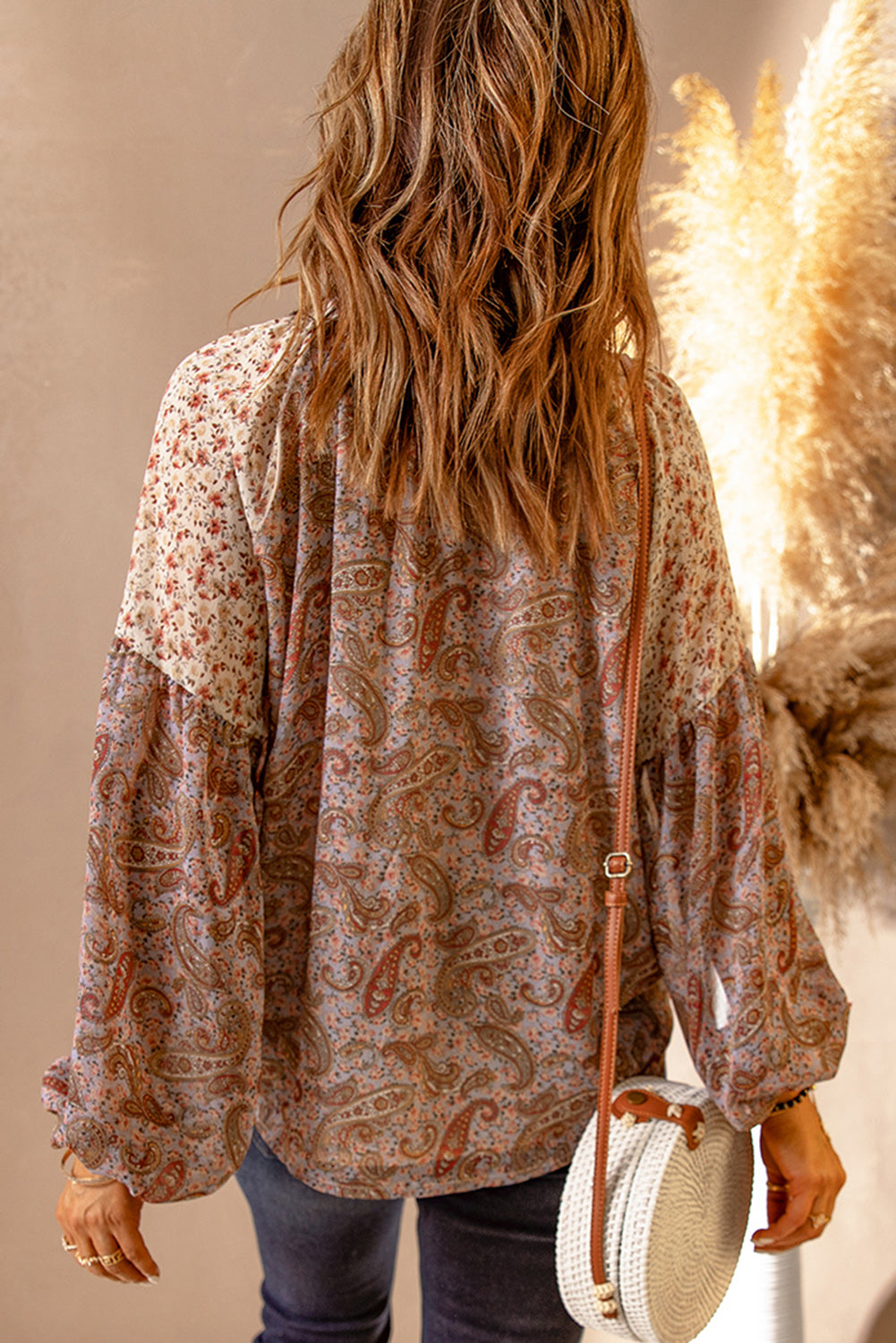 Brown Paisley Pattern Floral Patch Long Sleeve Blouse