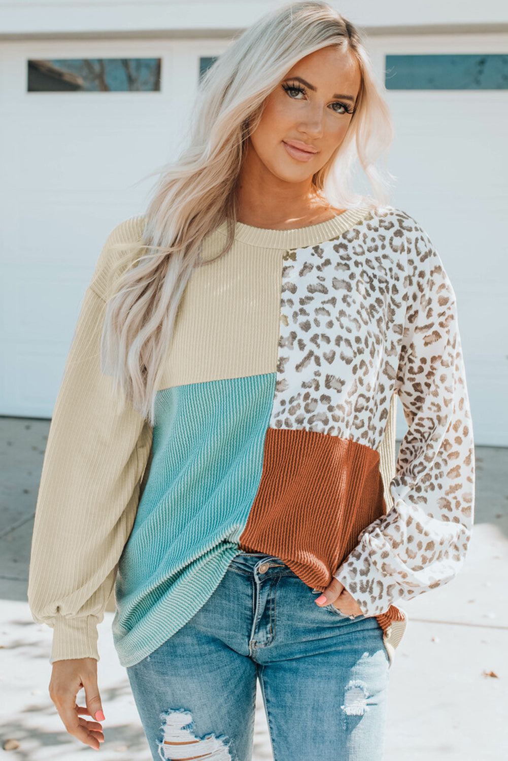 Leopard Patchwork Color Block Ribbed Long Sleeve