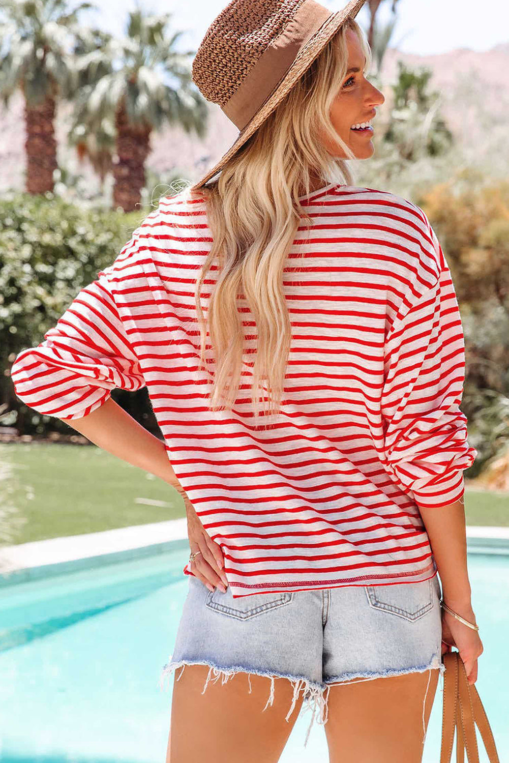 Red Cotton Blend Striped Long Sleeve Top