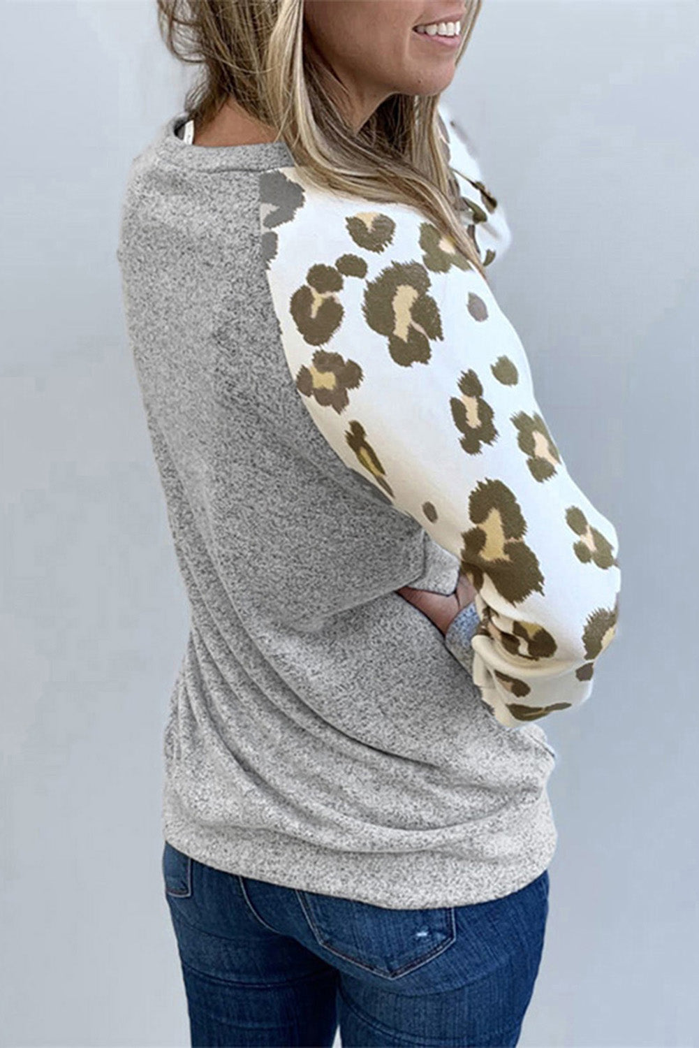 Gray Round Neck Leopard Long Sleeve Top