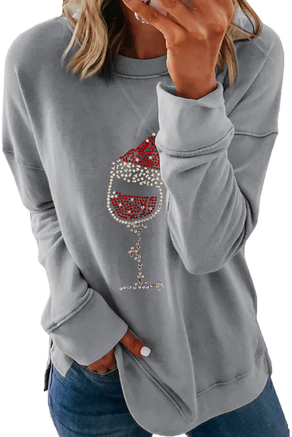 Gray Dropped Sleeve Fashion Print Christmas Sweatshirt