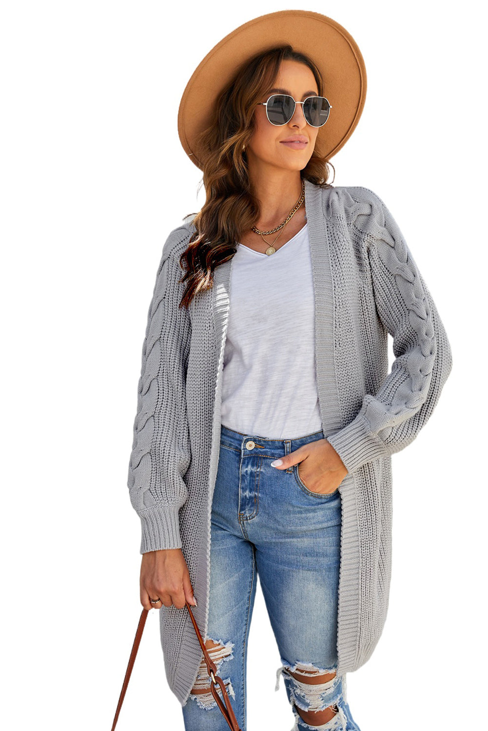 Gray Open Front Cable Sleeve Long Cardigan