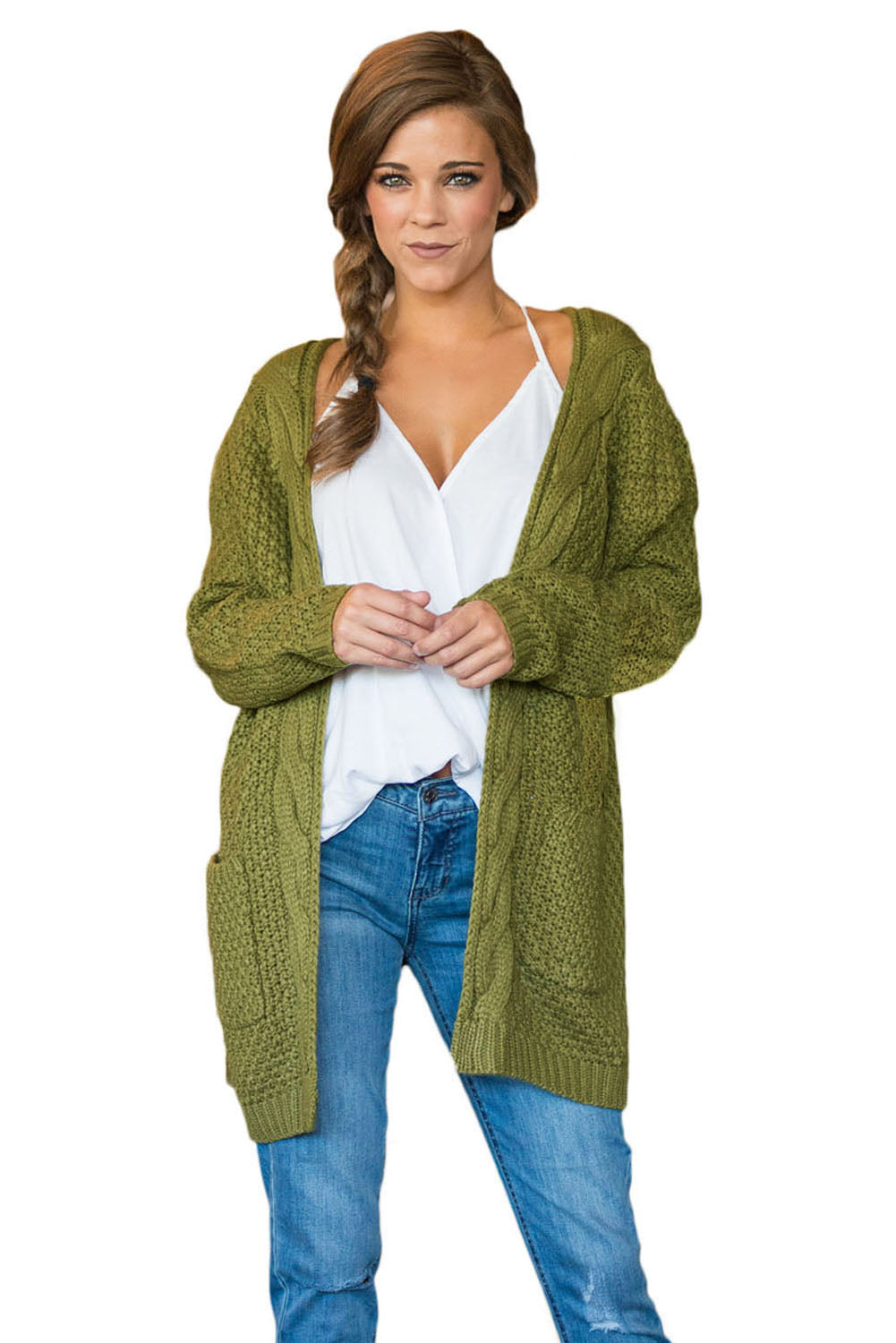 Army Green Long Open Front Pocket Cardigan