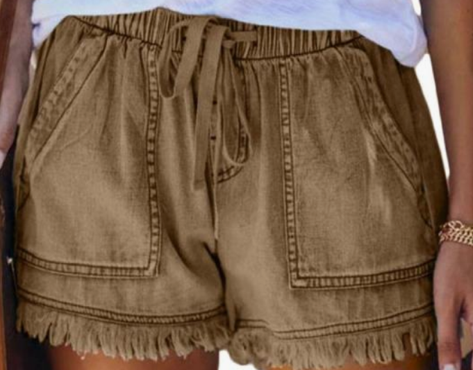 High Waisted Shorts Jeans-Brown