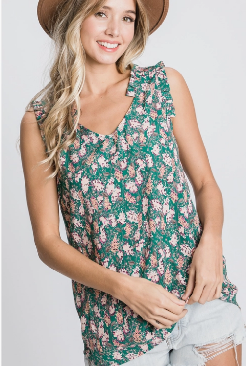 Floral printed sleeveless top with mini ruffle