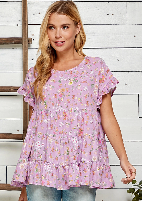 FLORAL PRINT RUFFLE SHORT SLEEVE ROUND NECK TOP