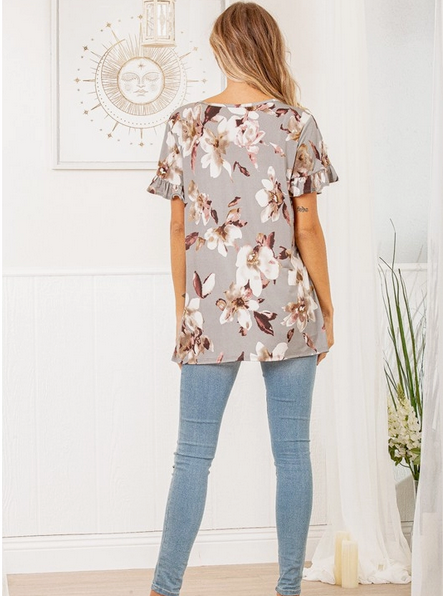 GREY FLORAL TOP WITH RUFFLED