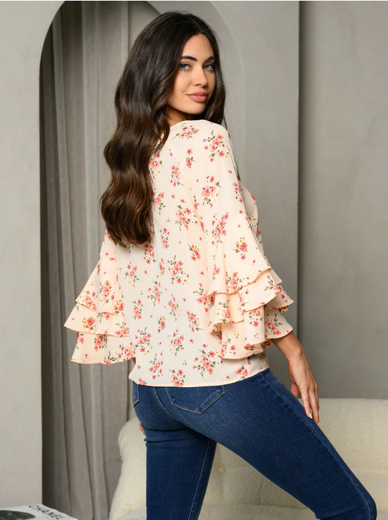 Bell Sleeve Ruffle Floral Front Tie Tunic Top