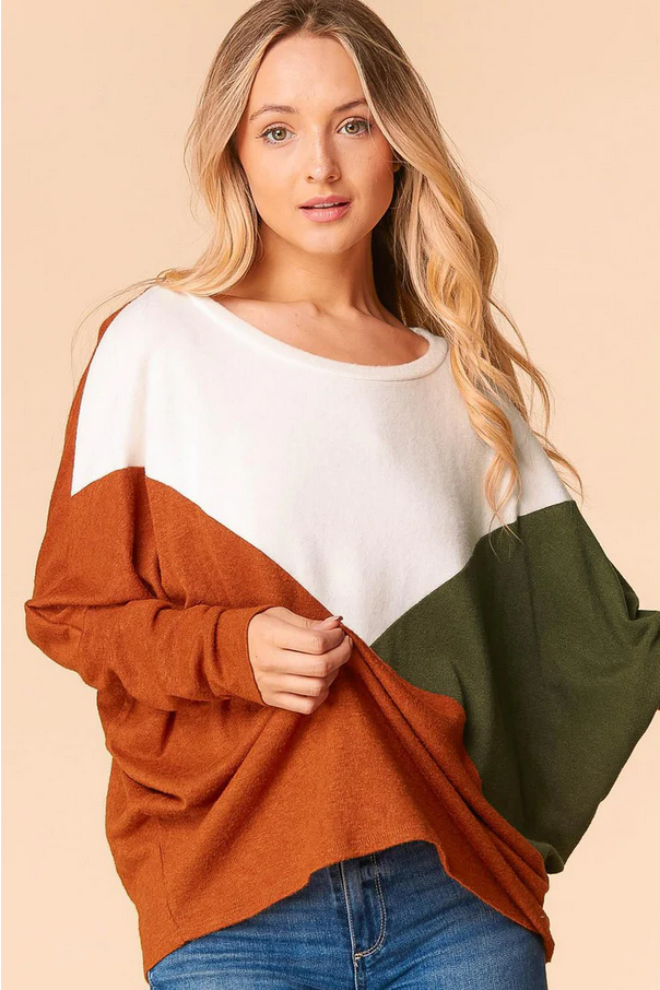 Plus Rust Ivory & Olive Cashmere Feel Hacci Color Block Top