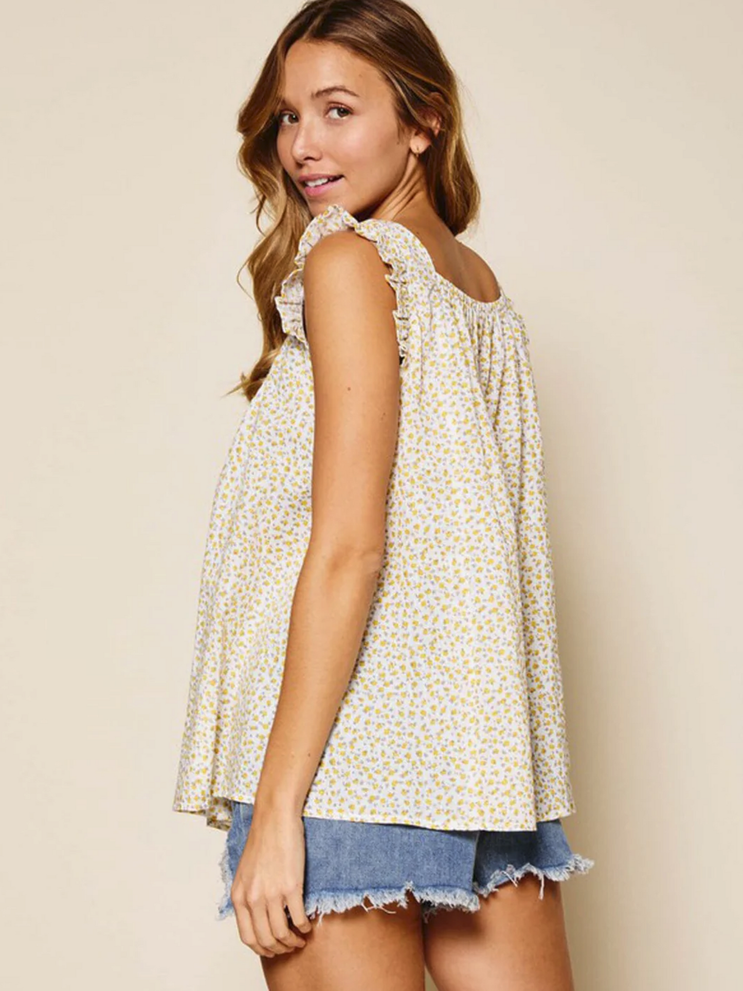 SMOCK NECK DITSY FLORAL TUNIC TANK TOP