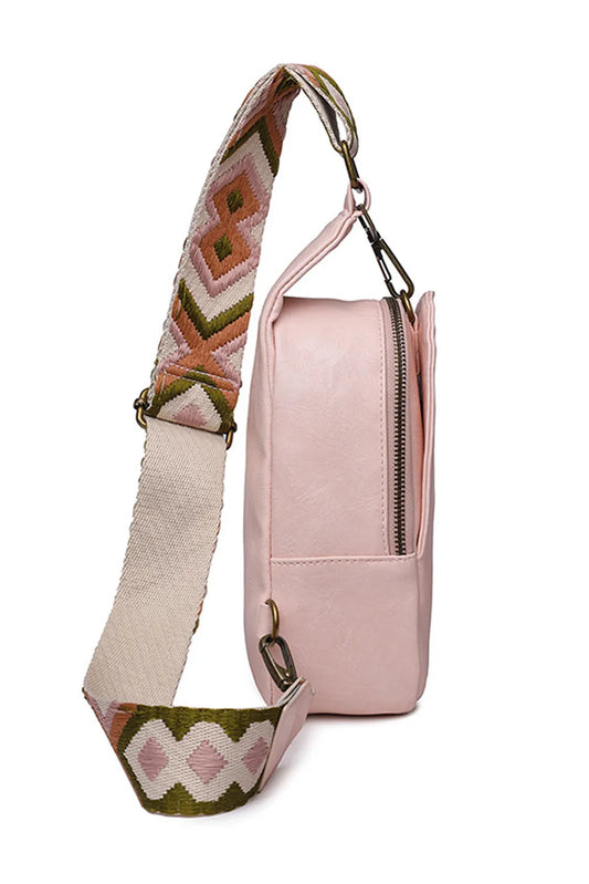 Pink Faux Leather Zipped Crossbody Chest Bag
