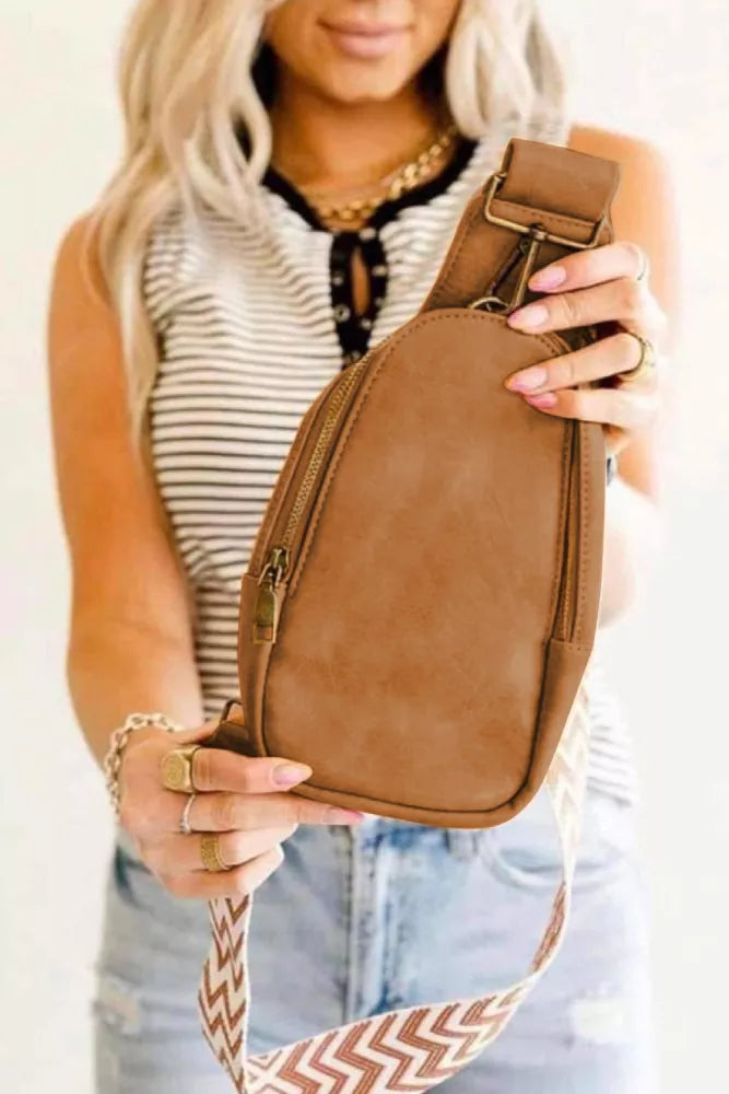 Brown Faux Leather Zipped Crossbody Bag