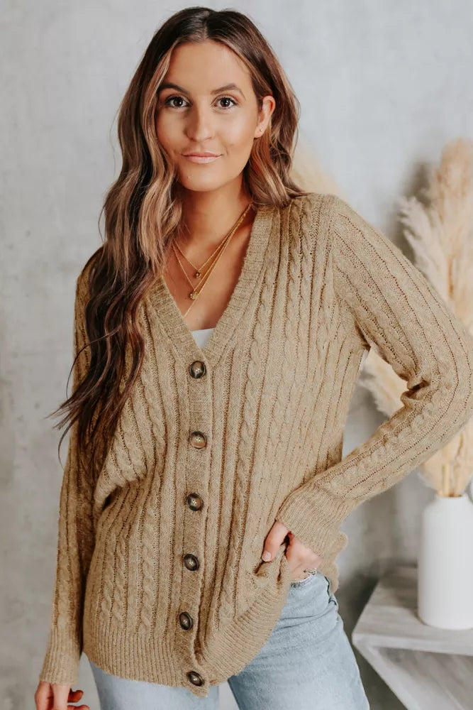 Beige Buttons Front Cable Knit Cardigan
