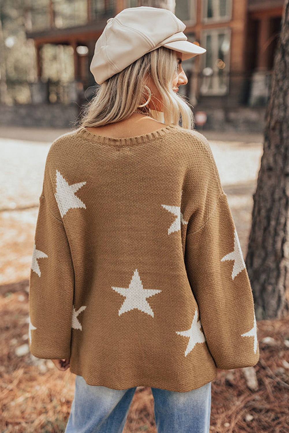 Brown Stars Kangaroo Pocket Pullover Sweater